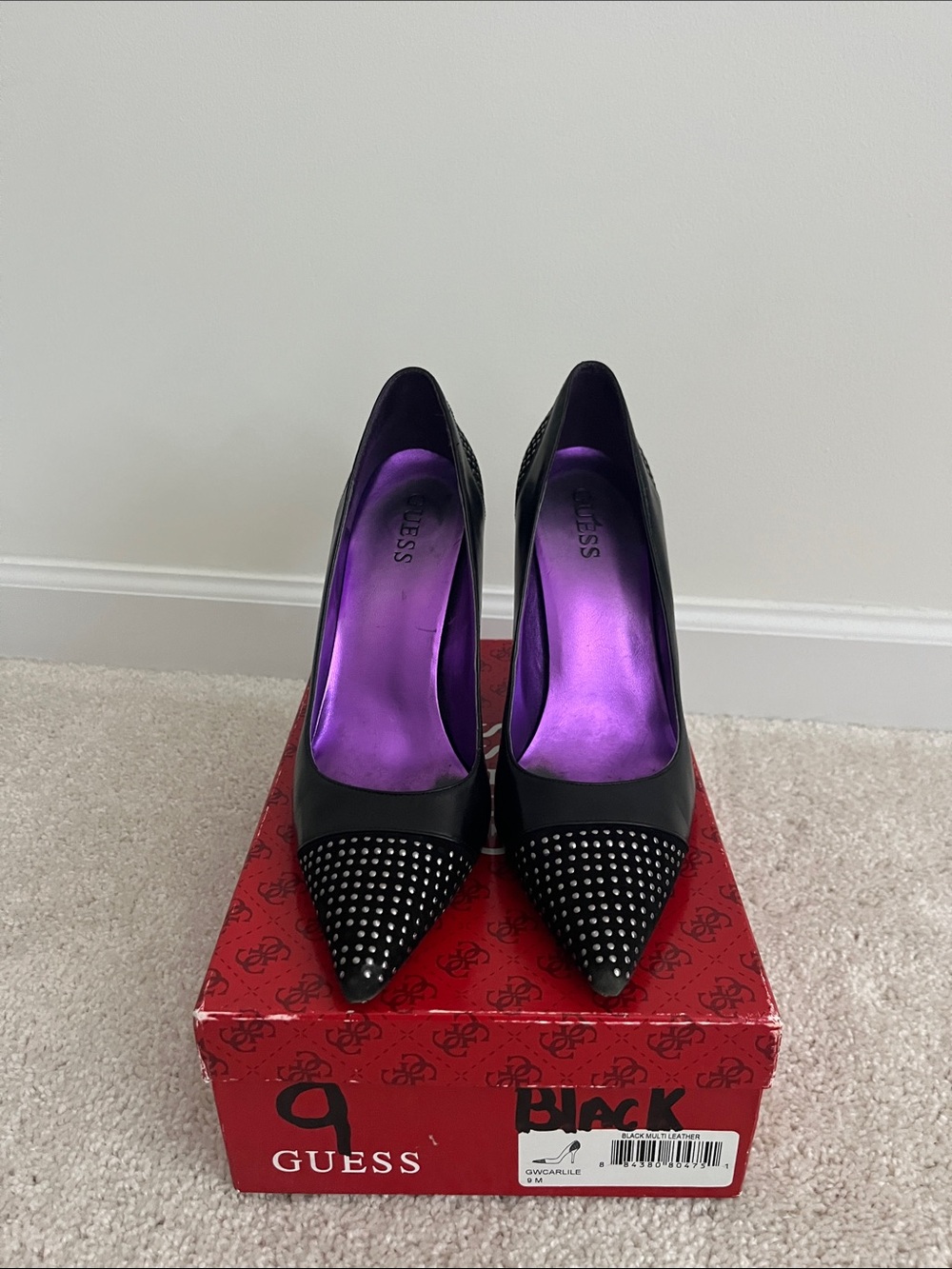 GUESS Black Pointed Toe Studded Pumps with Purple Insole